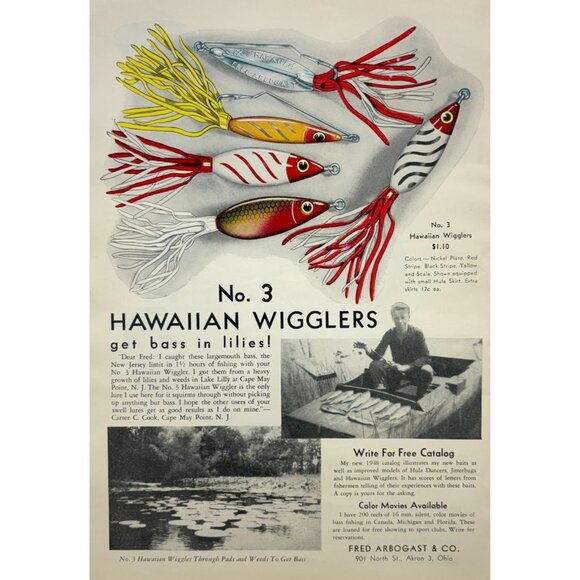 Hawaiian Wigglers No 3 Vintage Print Ad 40s Fishing Lures Fred Arbogast Akron OH - Picture 6 of 6